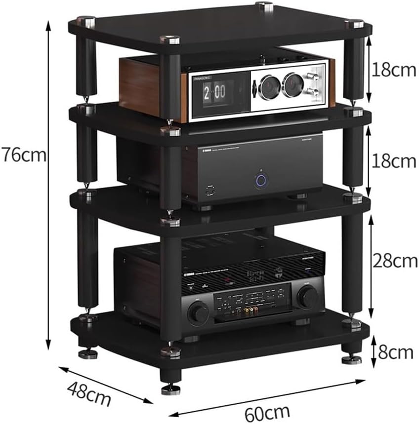 1/2/3/4-layer HiFi Audio Cabinet HiFi Stand Record Player MDF Stand Audio Rack with Shock-Absorbing Feet Power Amplifier Shelf Equipment Cabinet (Color : Black, Size : 60 * 48 * 76cm(4Tier))