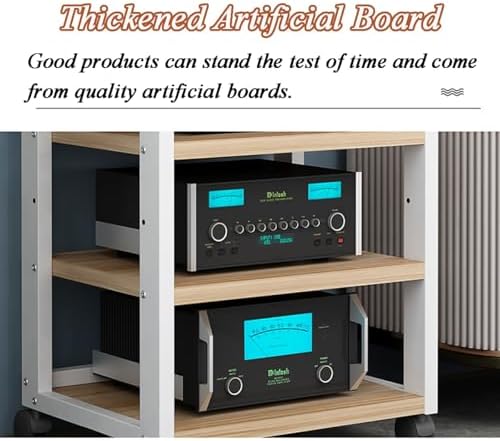 Audio Stand, Movable 4 Tier Shelving Rack with Wheels, Adjustable Open Storage for Office Equipment, Thickened Board Media Stand, Metal Frame