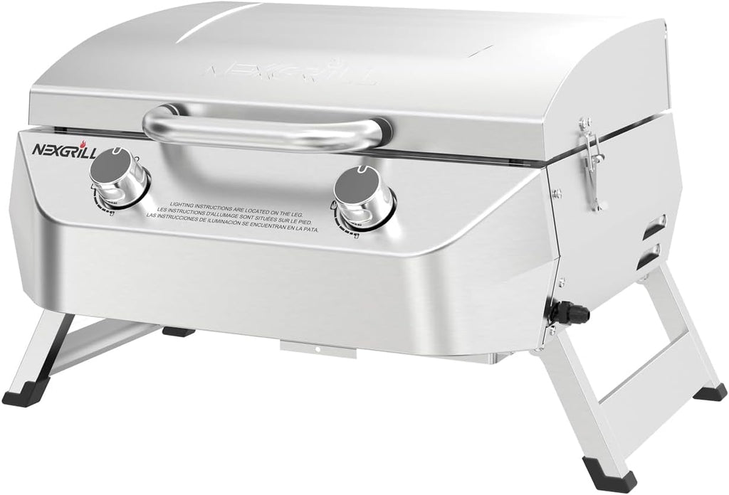Nexgrill Stainless Steel 2-Burner Portable Gas Grill with Locking Lid, Folding Legs, 20,000 BTUs, 251 SQ In Cooking Space, Tabletop Grill for Camping, Outdoor Cooking, Patios, and More - 820-0007GE