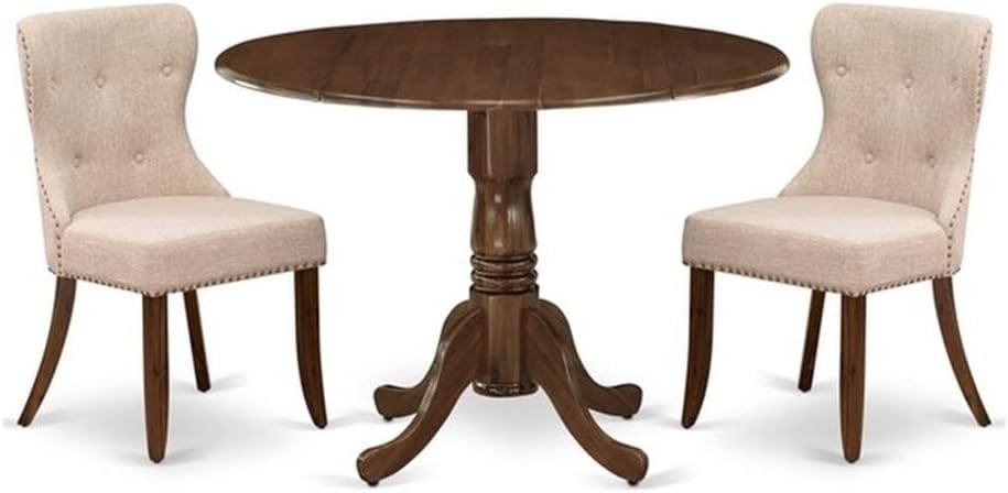 East West Furniture DLSI3-AWA-04 3 Piece Dining Set Contains a Round Kitchen Table with Dropleaf and 2 Upholstered Parson Chairs, 42x42 Inch, Antique Walnut
