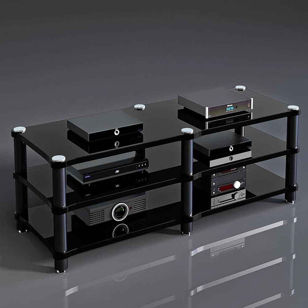 Modern Audio Video Stand, Open Vinyl Player Stand Stereo Cabinet, Thickened Steel Legs, Media Console Storage Shelf, Audio Video Components for TV and AV Equipment,3layer Black