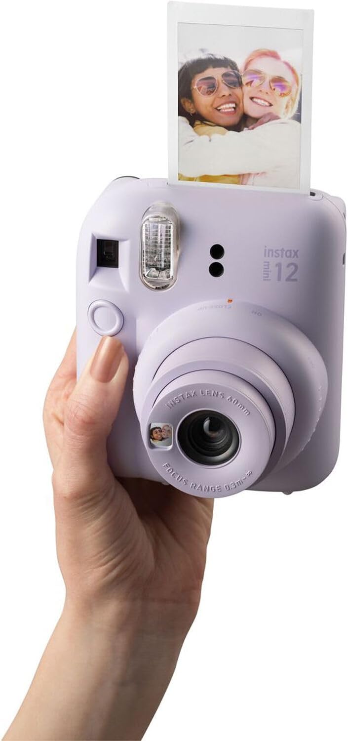 Fujifilm Instax Mini 12 Instant Camera + MiniMate Accessory Bundle & Compatible Custom Case + Fuji Instax Film Value Pack (50 Sheets) Flamingo Designer Photo Album (Lilac Purple)