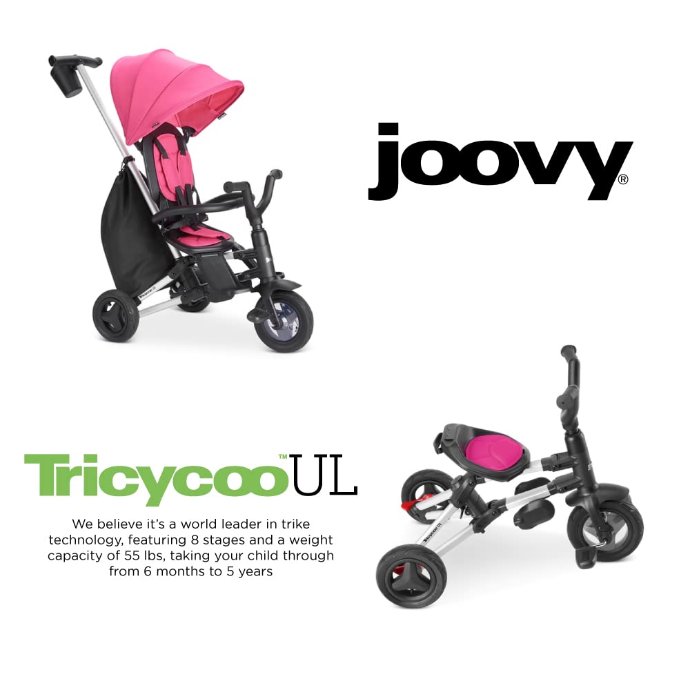 Joovy Tricycoo UL Kids Tricycle with 8 Stages Featuring 3 Rubber Tires, Removable and Adjustable Parent Handle, Safety Harness, 3-Position Recline Seat, and Retractable Canopy, Pink Crush