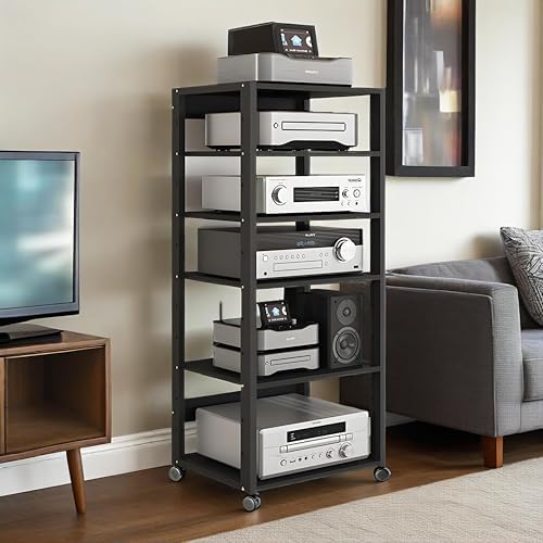 Rolling Av Media Stand with Lockable Wheels Storage Shelves & Component Cabinet for Home Office & Theater - Black Audio/Video Rack for Stereo Equipment