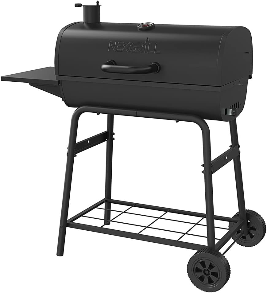 Nexgrill Premium 29' Charcoal Grill with Side Shelf, 552 SQ In Cooking Space, Adjustable Charcoal Tray, Chimney Air Vent, Warming Rack, Barrel Smoker Grill for Camping, Picnics, and More - 810-0029C