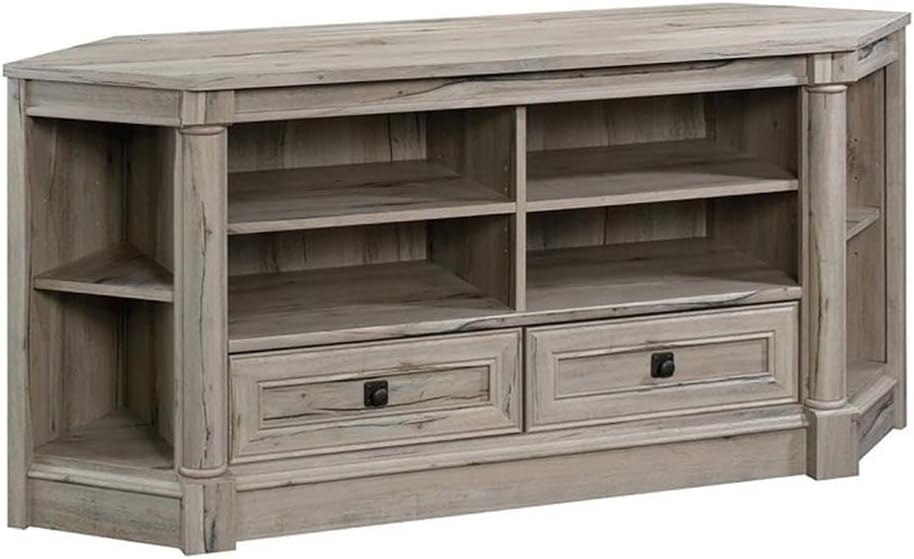 Pemberly Row Corner TV Stand Console, 60 in, Engineered Wood, Split Oak Finish, Adjustable Shelves and Drawers, Compact Space Solution, Fits Up to 60 in TV, Home Living Room Storage