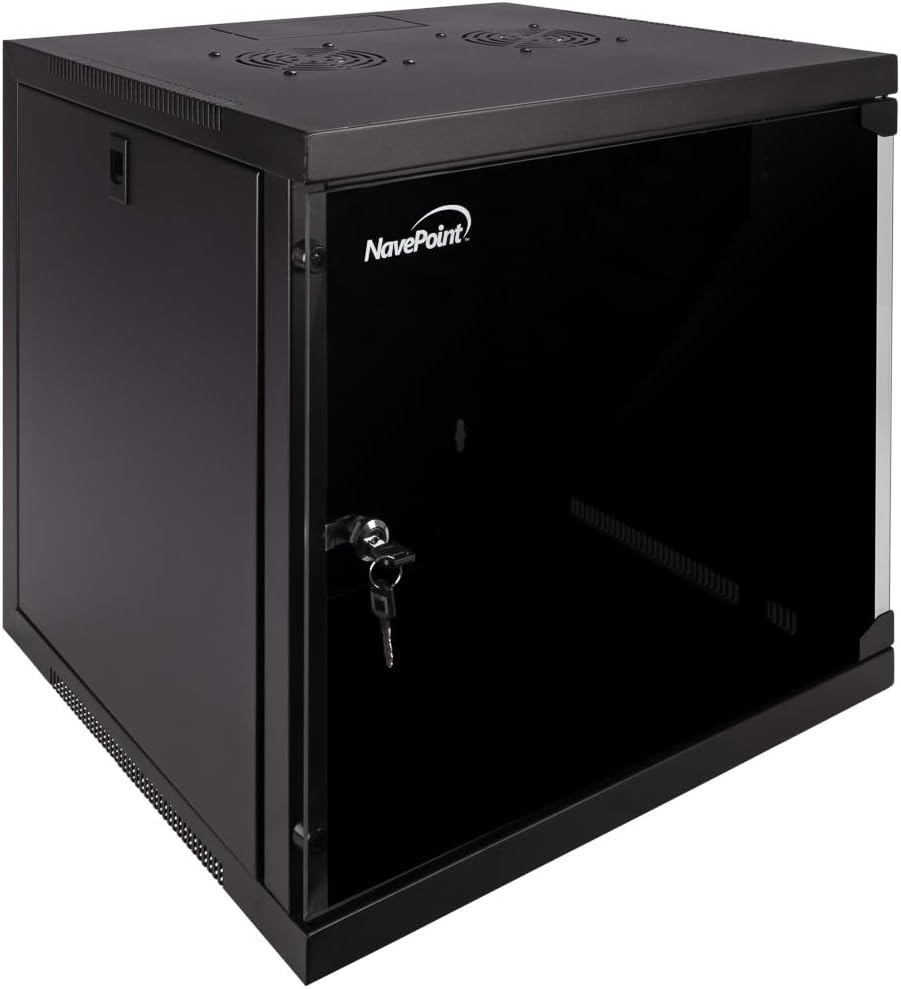 NavePoint 9U Wall Mount Network Cabinet for 19' IT Equipment with Lockable Glass Door & Removable Side Panels, 2 Fans, 17.7' Deep, Pre-Assembled