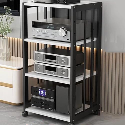 Audio Stand HiFi Rack 2 3 4 5 Tier Media Storage Cabinet with Brake Wheels, Movable Record Player, Game Equipment Console Shelf(Black+White,2 Tier)