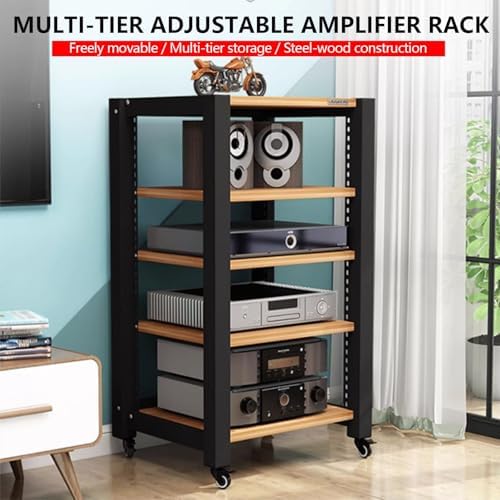 Adjustable Media Stand with Wheels, 3-Tier Stereo Cabinet for Record Players, Movable Audio Rack, Open Storage for Office & Theater (Brown, 60x50x64cm)
