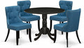 East West Furniture DLSI5-ABK-21 5 Piece Kitchen Table & Chairs Set Includes a Round Dining Room Table with Dropleaf and 4 Blue Linen Fabric Upholstered Chairs, 42x42 Inch, Wirebrushed Black