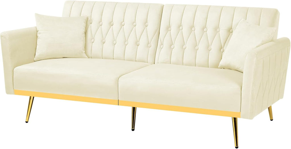 70' Velvet Futon Sofa Bed with 2 Pillows and Adjustable Armrests, Convertible Sleeper Bed W/Adjustable Backrests, Modern Loveseat for Living Room, Bedroom, Beige
