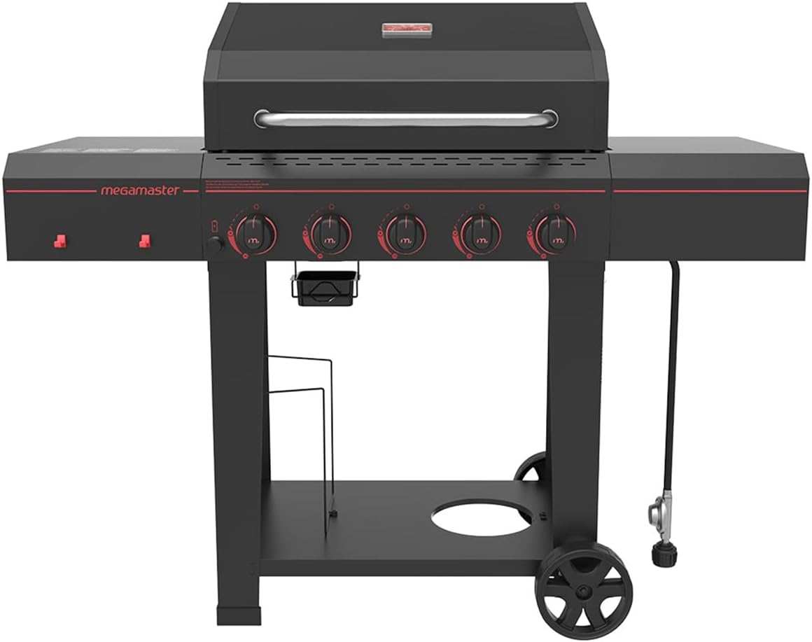 Megamaster 5-Burner Propane Gas Grill with Side Tables, Accessory Hooks, 50,000 BTUs, 656 SQ. In. Cooking Space, 2 Wheel Transport, Outdoor Kitchen Grill for BBQs, Backyards, and More - 720-0982