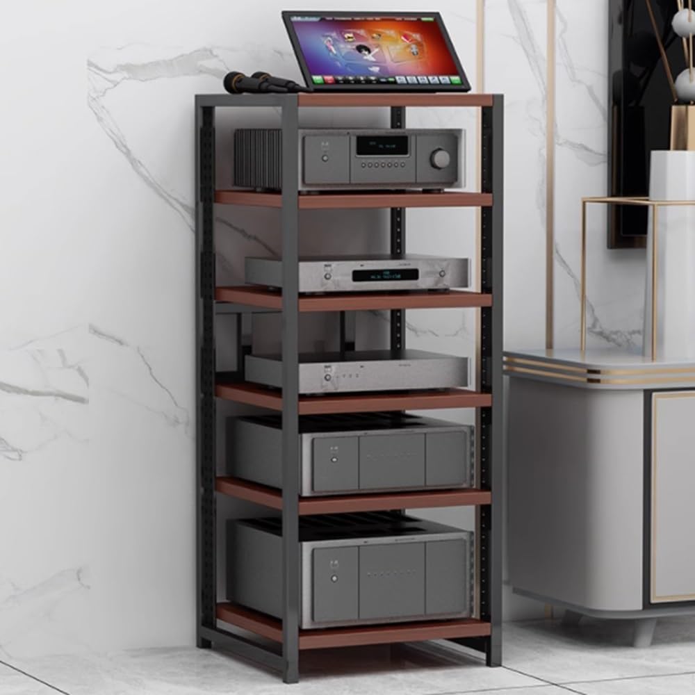NILZA AV Media Stand with Wheel Audio Rack Video Game Console Shelf 3/4/5/6-Tier Stereo Rack Audio Tower Adjustable Shelves Corner Shelf Av Stand for Recording Room(Teak,6-Tier)