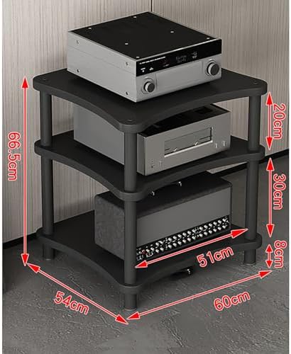 Stylish Black Teak Record Player Stand - 5-Tier Wooden Media Shelf with Wheels, Heavy-Duty Stereo Cabinet for Home/Office, Vinyl Record Storage Rack, 3-Tier Feet