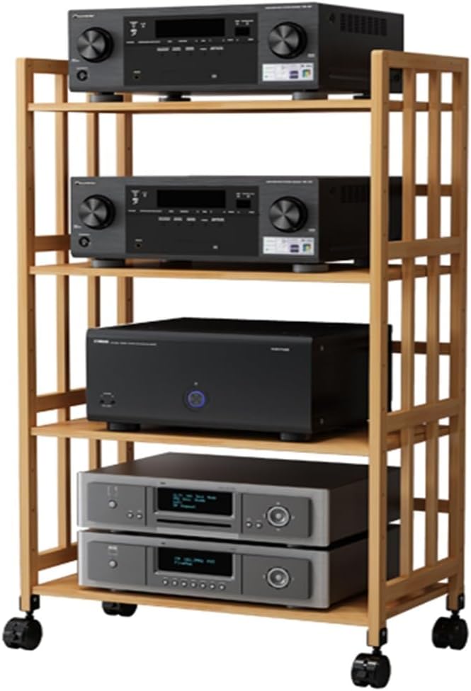 4-Tier AV Media Stand with 4 Universal Wheels - Free Standing Audio Rack Cabinet for HiFi Equipment, DAC, and Amplifiers - 120cm High, 70cm Long Corner Shelf
