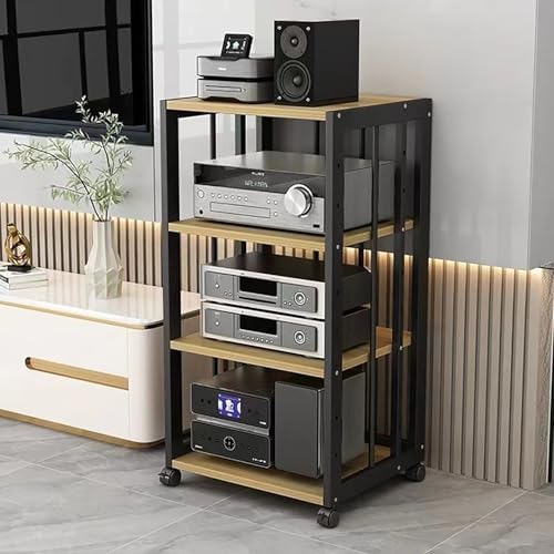 5-Tier AV Media Stand Cabinet - Heavy-Duty Audio Rack with Wheels, Adjustable Shelves for Stereo & Multimedia Storage, Tall Floor-Standing Entertainment Unit
