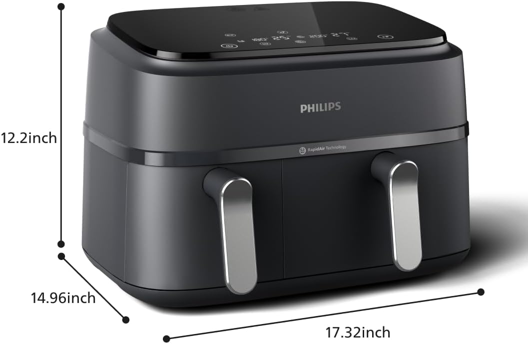 Philips Dual Basket Air Fryer 3000 Series — 8-in-1 functions, 9.5 Quarts Airfryer, 2 Drawers, Auto-sync Cooking Time, 90% Less Fat, Rapid Air Technology, HomeID App, Dishwasher Safe, Black (NA351/00)