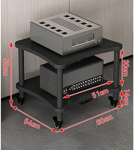 Teak Record Player Stand with Wheels - Wooden Media Shelf, Heavy-Duty Audio Rack, Stylish Corner Cabinet for Home & Office Storage, Black, 2-Tier with Wheels