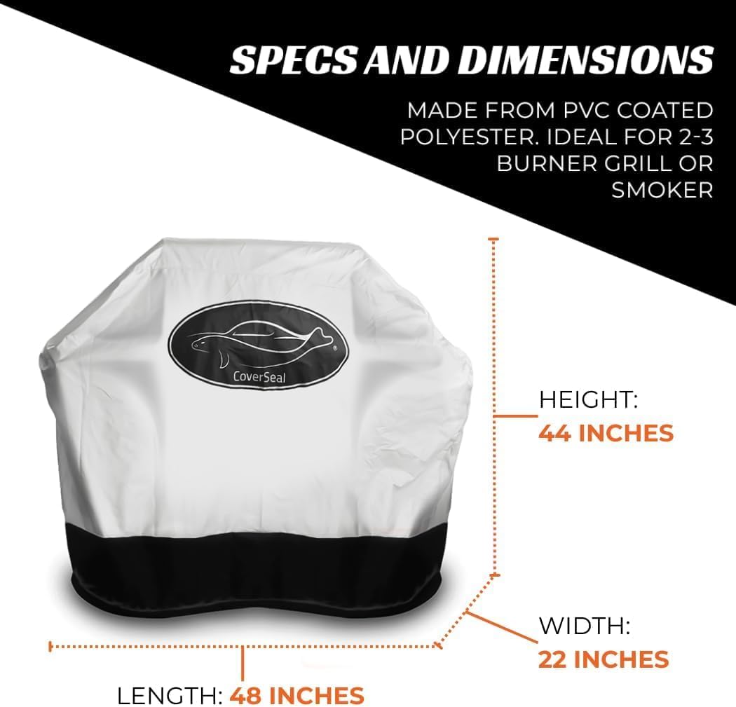 Medium BBQ Grill Cover - Weather Resistant Outdoor Barbecue Apron for 3 Burner Grill with Side Trays - Compact Seal from Ground Up - Silver - 52 Inch L x 25in W x 48in H