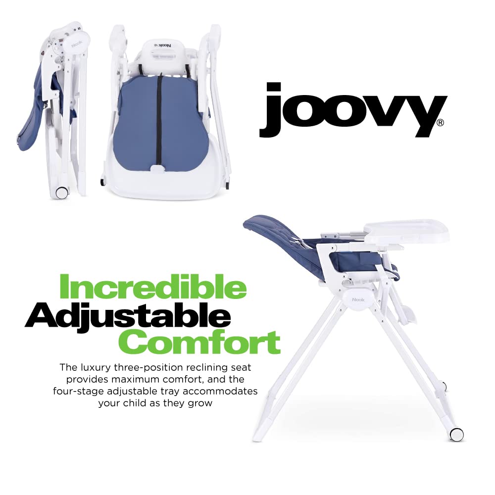 Joovy Nook NB High Chair Featuring Four-Position Adjustable Swing Open Tray, 3-Position Reclining Seat, and Front Wheels for Added Mobility - Folds Down Flat for Easy Storage, Slate
