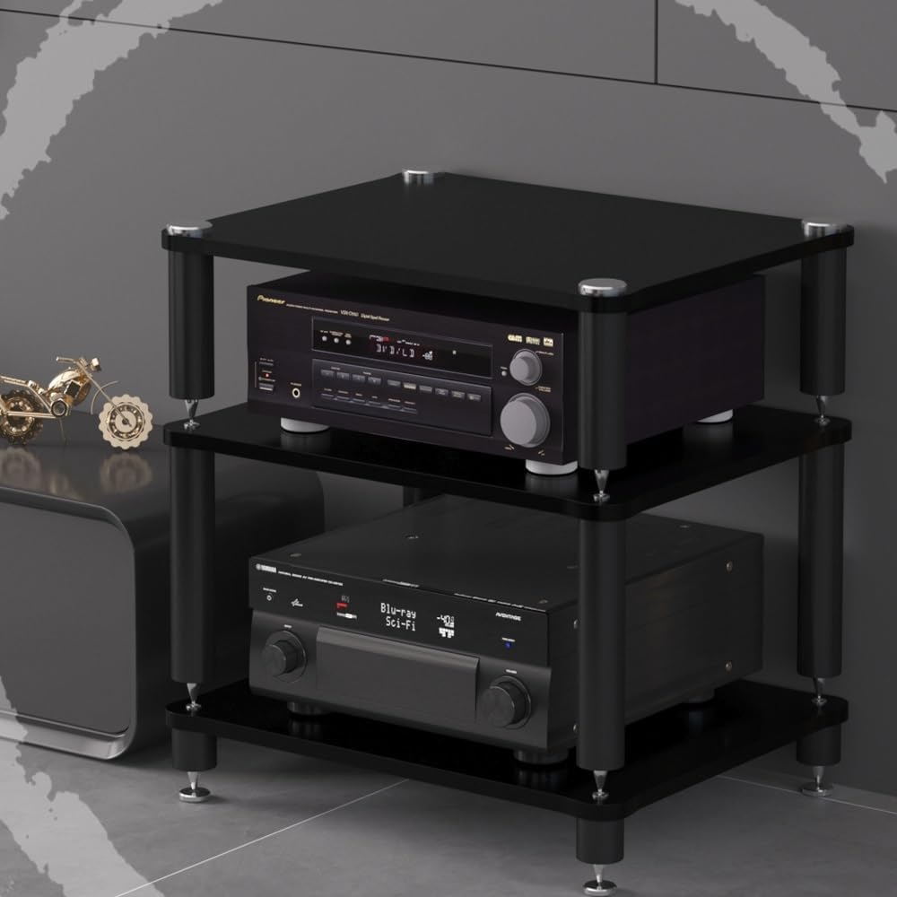 HiFi Rack 3 Tier AV Media Stand Wood Shelf, Audio Tower, Record Player Stand Stereo Cabinet, Media Console Storage Shelf, Audio Video Components(Black,3-Tier(60x48x60cm))