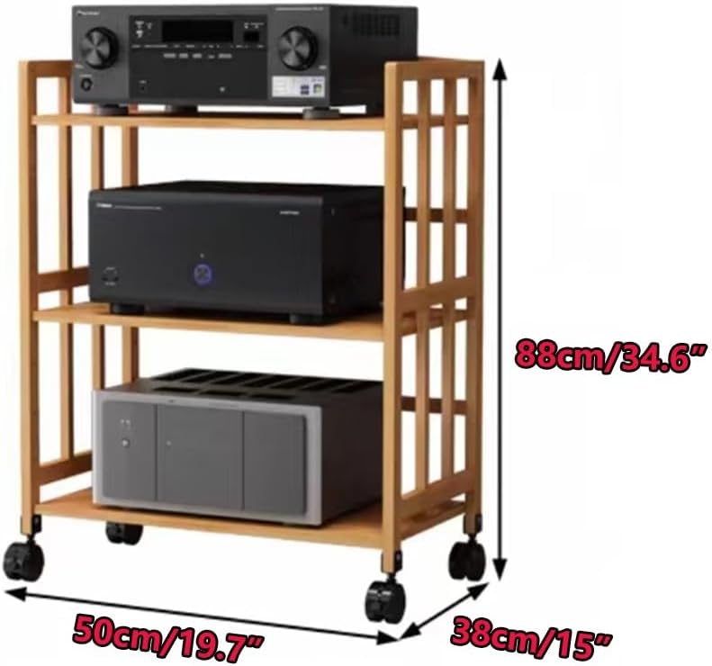 Adjustable 5Tier Wooden HiFi Audio Rack On Wheels – Movable Media Storage Cabinet for Audio/Video Equipment Stylish Brown Finish Perfect for Home Theater Setup,Wood Color,3,Tier