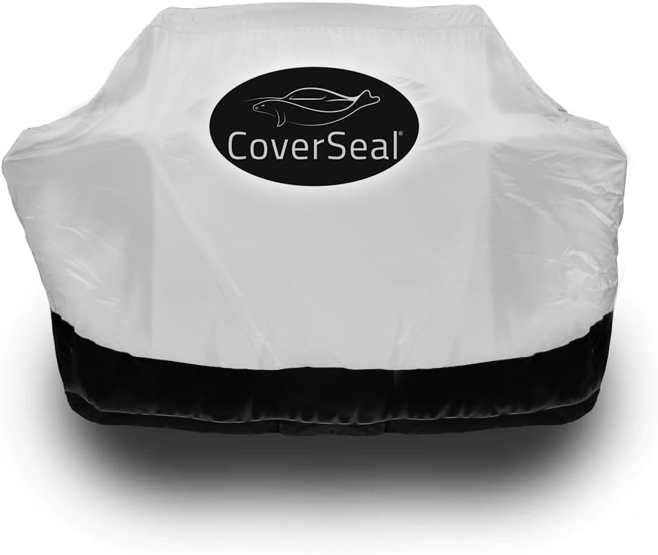 XL BBQ Grill Cover - Weather Resistant Outdoor Barbecue Apron for 5 Burner Grill with Side Trays - Compact Seal from Ground Up - Silver -72in L x 30in W x 48in H