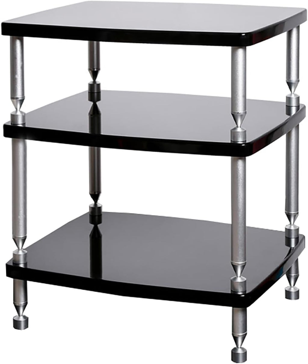 SRNSAEB 1/2/ 3/4 Tier Audio Equipment Rack Cabinet, Heavy Duty DVD Media Stand Black with Fitting, Standing Video Game Console Shelf Organizer for Game Consoles/Projector(3-Layer)