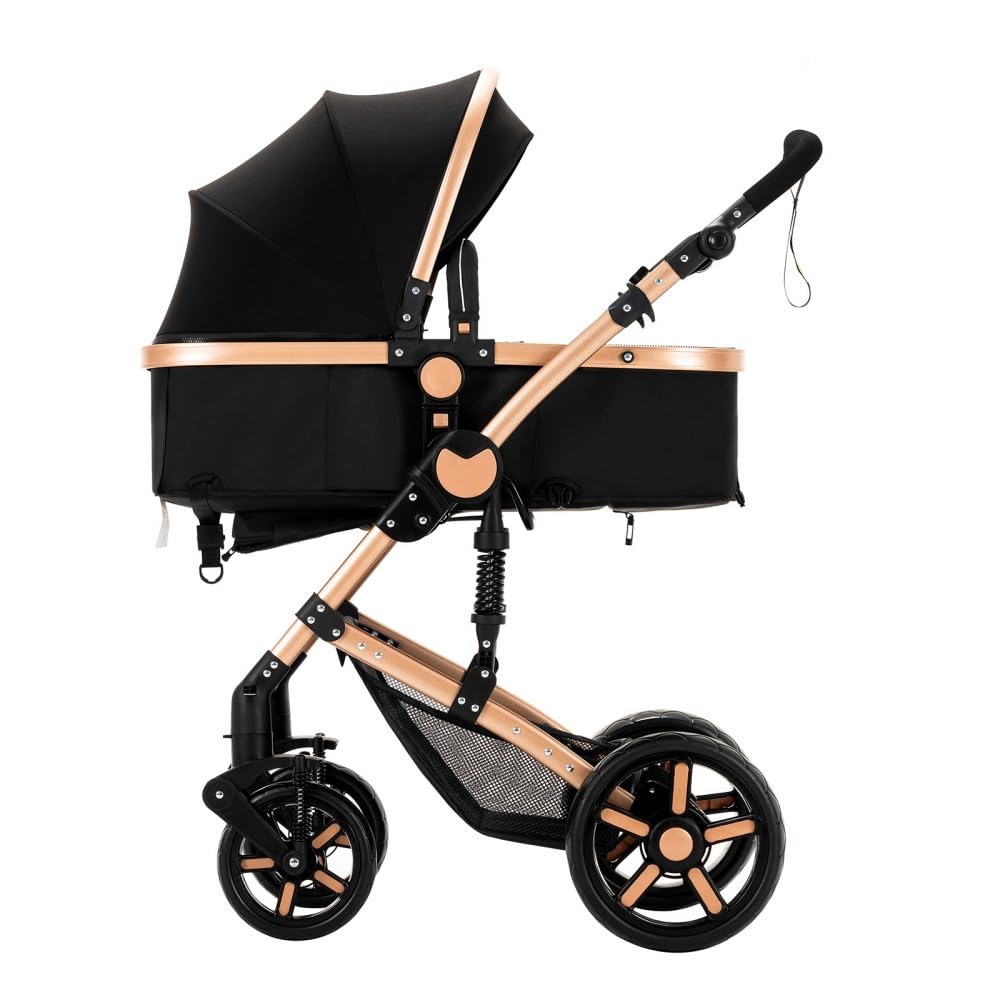 2 in 1 Baby Stroller,Convertible Infant Stroller for Newborn and Toddler with Triangular Frame & Dual Spring Suspension,One-Click Folding(Gold&Black)