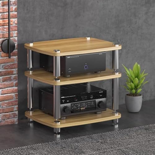 3-Tier HiFi Audio Cabinet Stand MDF Record Player Rack with Shock-Absorbing Feet Power Amplifier Shelf Wood Finish 60X48X57Cm - Audio Equipment Storage
