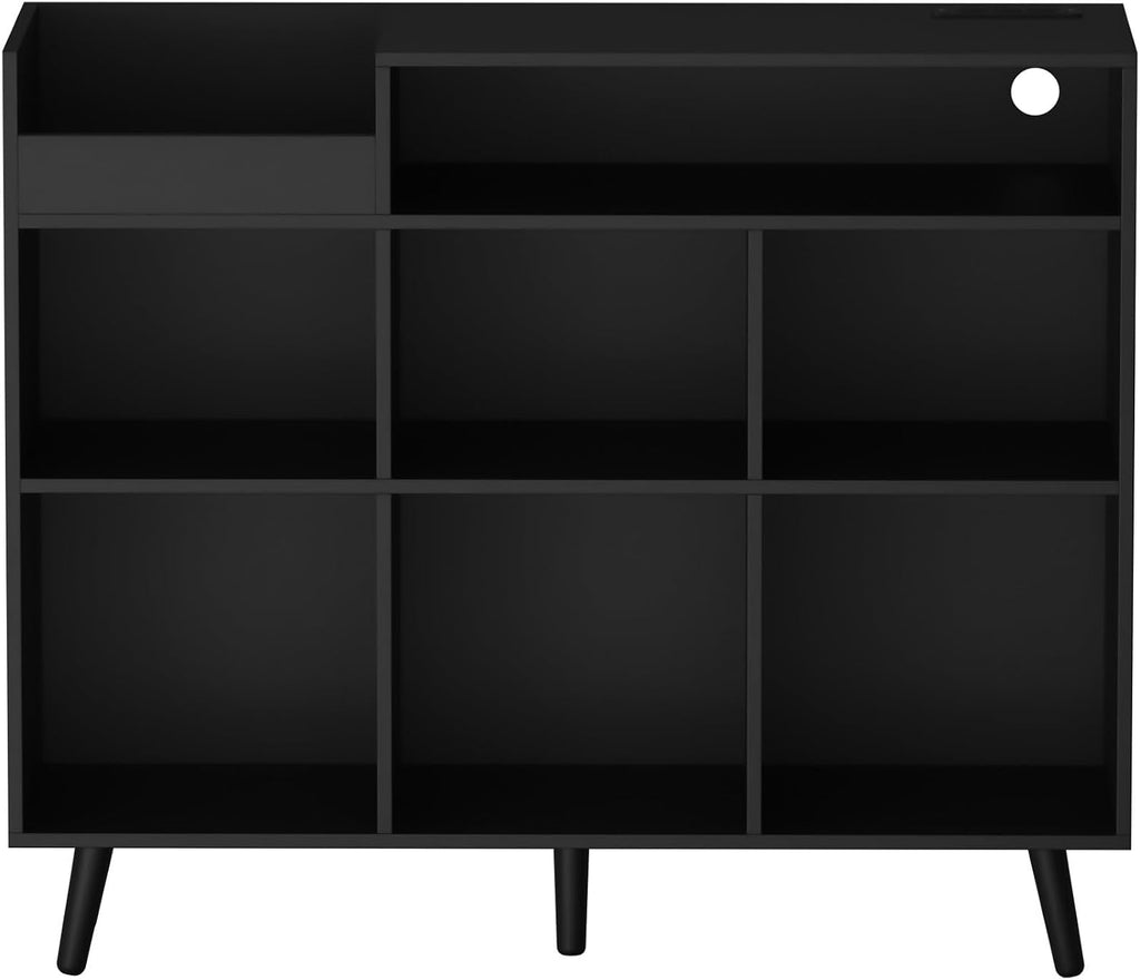 Cozy Castle Large Record Player Stand with Vinyl Storage Cabinet, Wood Turntable Table Open Shelf Holder Up to 500 Albums Cube Storage Organizer for Living Room, Office, Black