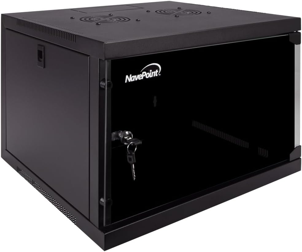 NavePoint 6U Wall Mount Network Cabinet for 19' IT Equipment with Lockable Glass Door & Removable Side Panels, 2 Fans, 17.7' Deep, Pre-Assembled