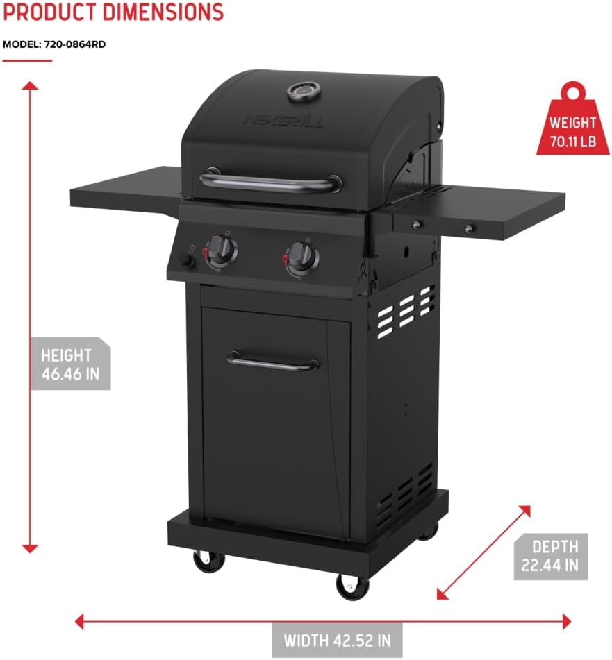 Nexgrill Deluxe 2-Burner Gas Grill with 401 SQ In Grate, 28000 BTUs, Heavy Duty Steel Frame & Foldable Side Table, Propane BBQ Grill for Outdoor Cooking, Patios, Backyards and More - 720-0864RD