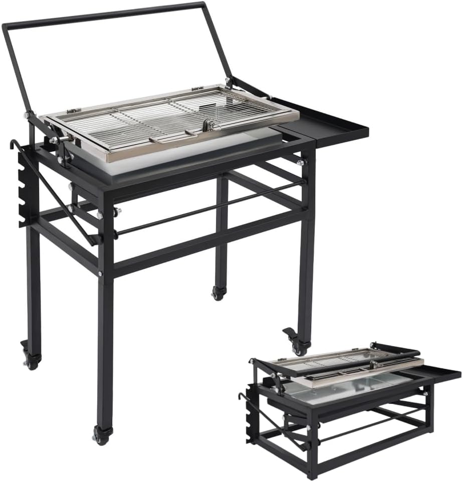 Charcoal Flip Grill for BBQ - 360° Flipping Portable Charcoal BBQ Grill with 5 Height Settings, Side Storage & Lockable Wheels - Ideal for Outdoor Camping, Backyard