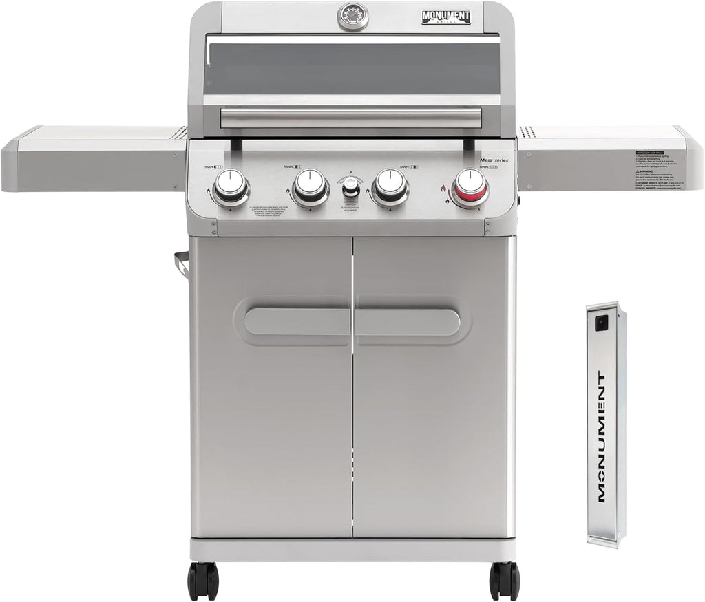 Monument Grills 4 Burner Propane Gas Grill, Stainless Steel Outdoor Patio Barbecue Grill with Smoker Box, with Broil Zone Fast Heating, Knob Control, and Easy Cleanup, M410MBZ