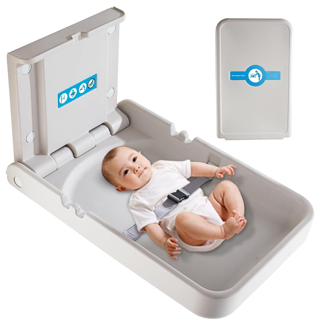 Baby Changing Station Wall Mounted, Baby Changing Table with Safrty Strap, HDPE Fold-Down Diaper Changing Station Table, Foldable Diaper Changing Unit for Commercial Bathroom Restroom