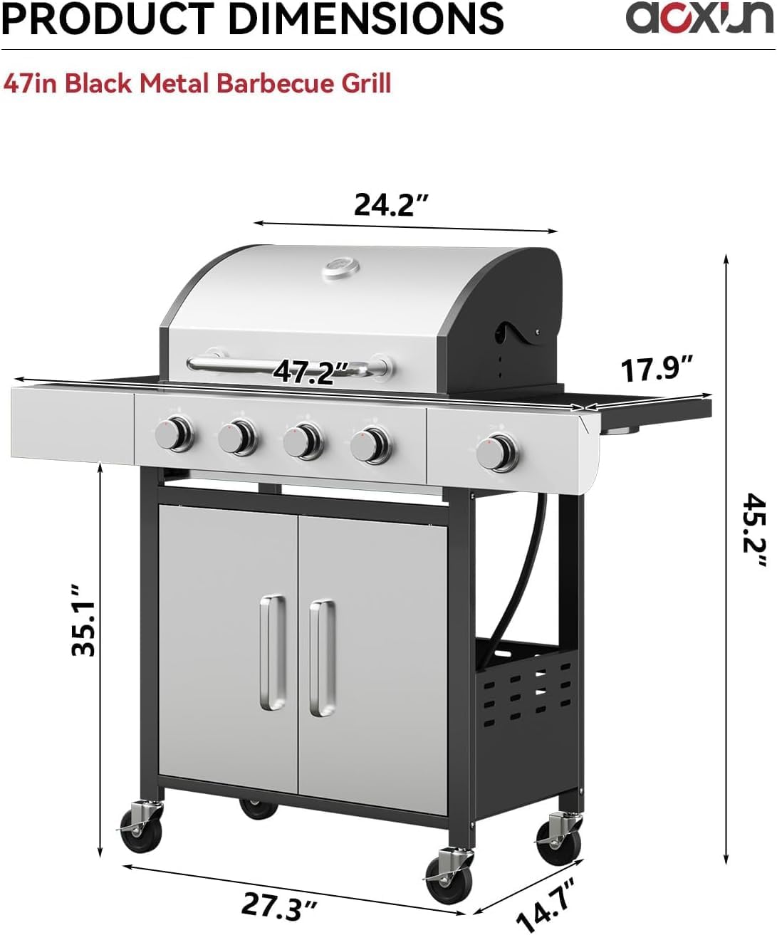 Aoxun 4-Burner Propane Grill with Side Burner, 49000 BTU Gas Grill, Stainless Grill with Cast Iron Grates & Side Tables for Backyard, Patio, Camping, Black and Silvery