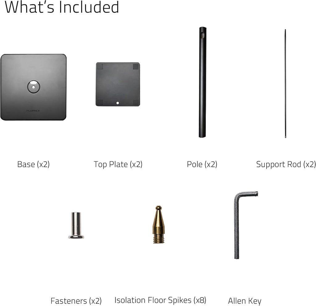 Fluance Floor Speaker Stands for Surround Sound and Bookshelf Speakers with Solid Construction, Adjustable Floor Spikes, Rubber Isolation Feet, Cable Management, Square Base - Matte Black/Pair (SS05S)