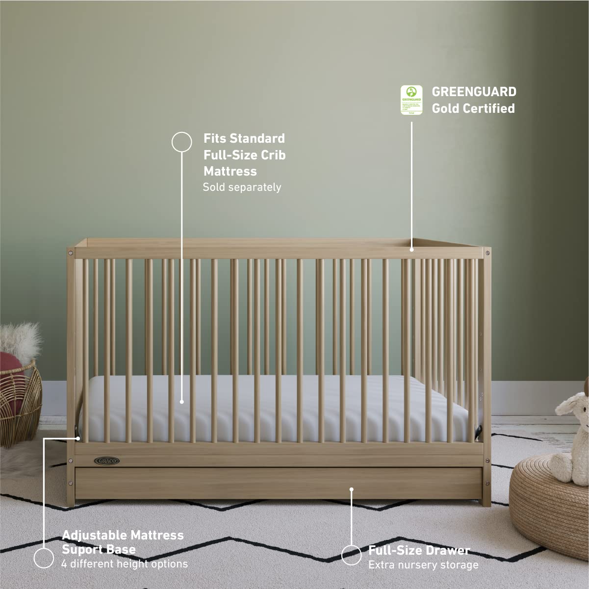 Graco Teddi 5-in-1 Convertible Crib with Drawer – GREENGUARD Gold Certified, Full-Size Nursery Storage Drawer, Baby Crib Converts to Toddler Bed, Daybed and Full-Size Bed (Driftwood)