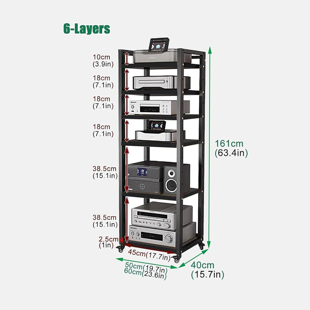 Audio Equipment Rolling Cart 5 6 7 8 Tier Media Storage Shelf for Radio - Stereo - TV Box - Cable Box - WiFi Router - Stereo Cabinet Wood, Multi-Function Open Storage Rack,Black(6 tier-60X40X161CM)