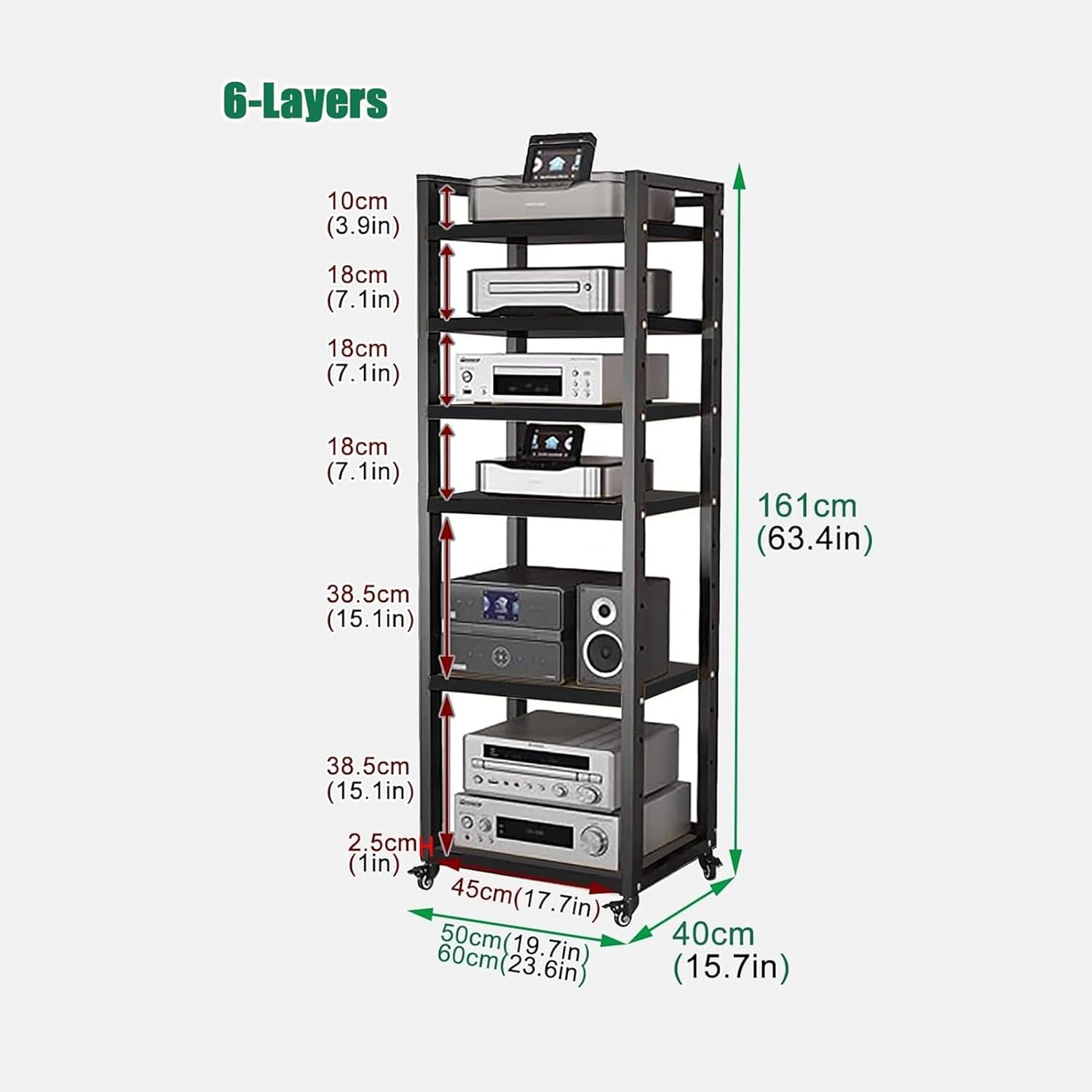 Audio Equipment Rolling Cart 5 6 7 8 Tier Media Storage Shelf for Radio - Stereo - TV Box - Cable Box - WiFi Router - Stereo Cabinet Wood, Multi-Function Open Storage Rack,Black(6 tier-60X40X161CM)