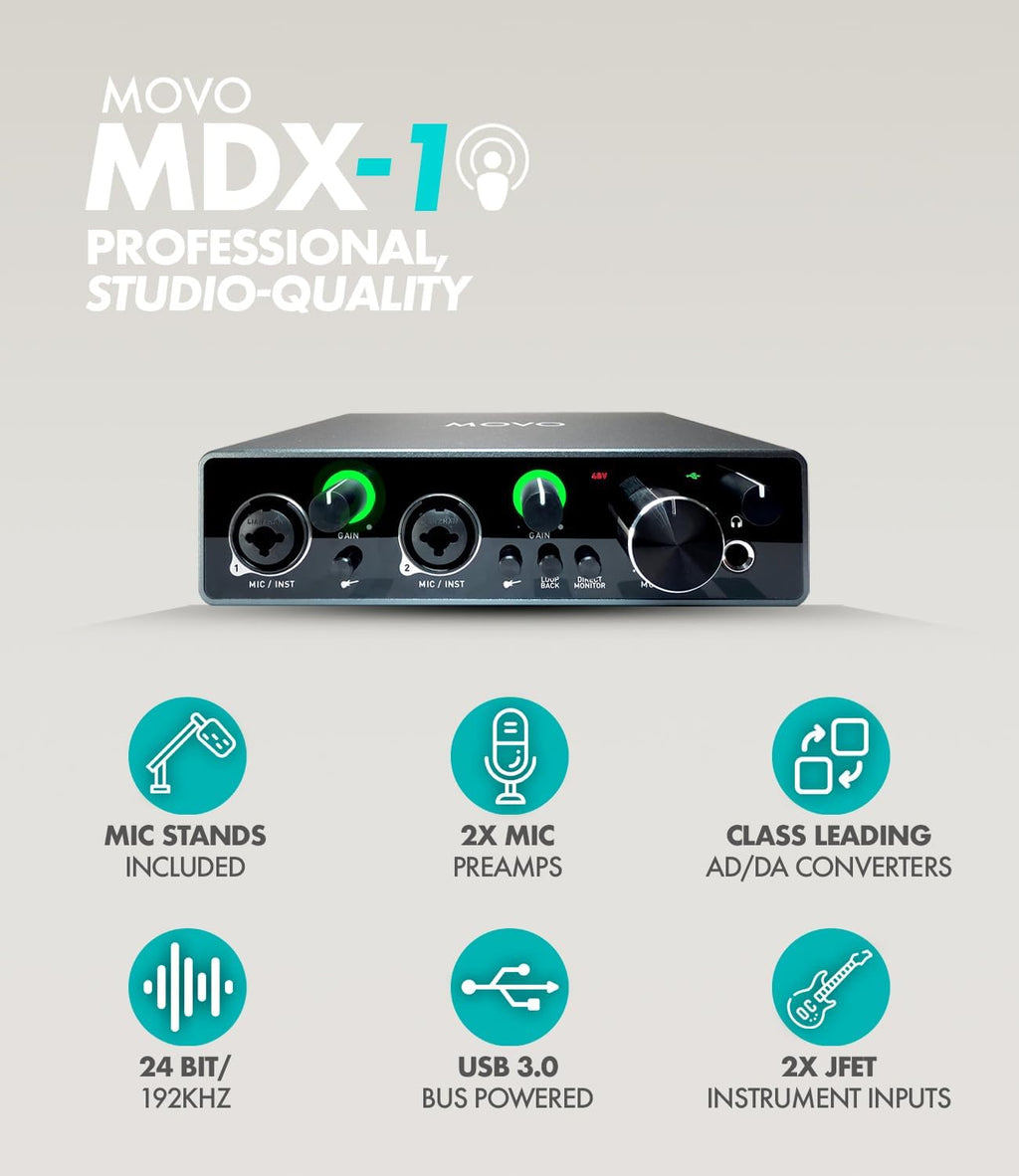 Movo Podcast Equipment Bundle for 2 with USB Audio Interface and 2 CastMic Dynamic Podcast Microphone Bundle with Mic Boom Arms for Podcasting, Streaming, and Musicians - Podcast Kit for Computers