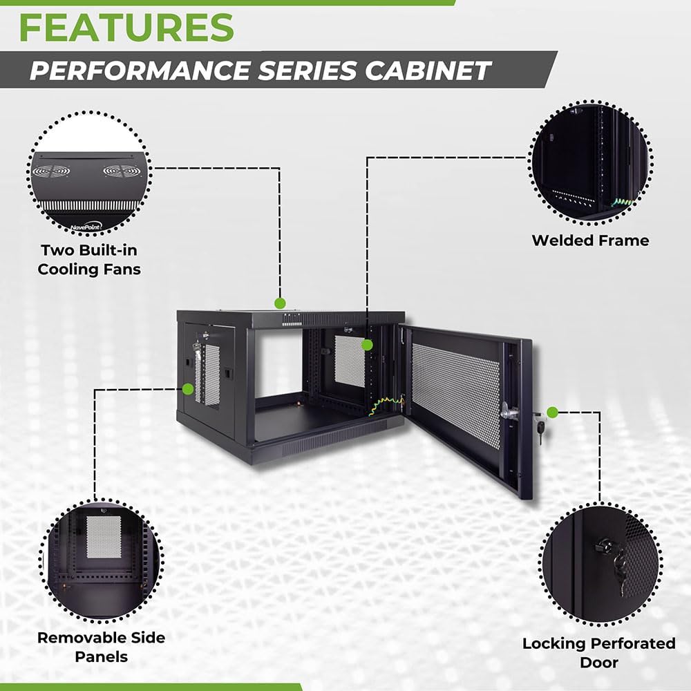 NavePoint 6U Server Cabinet Wall Mount Rack Enclosure with Perforated Door, Locking, Removable Side Panels – 6U Network Cabinet 17.7' Deep, 19 Inch Server Rack for IT and A/V Equipment