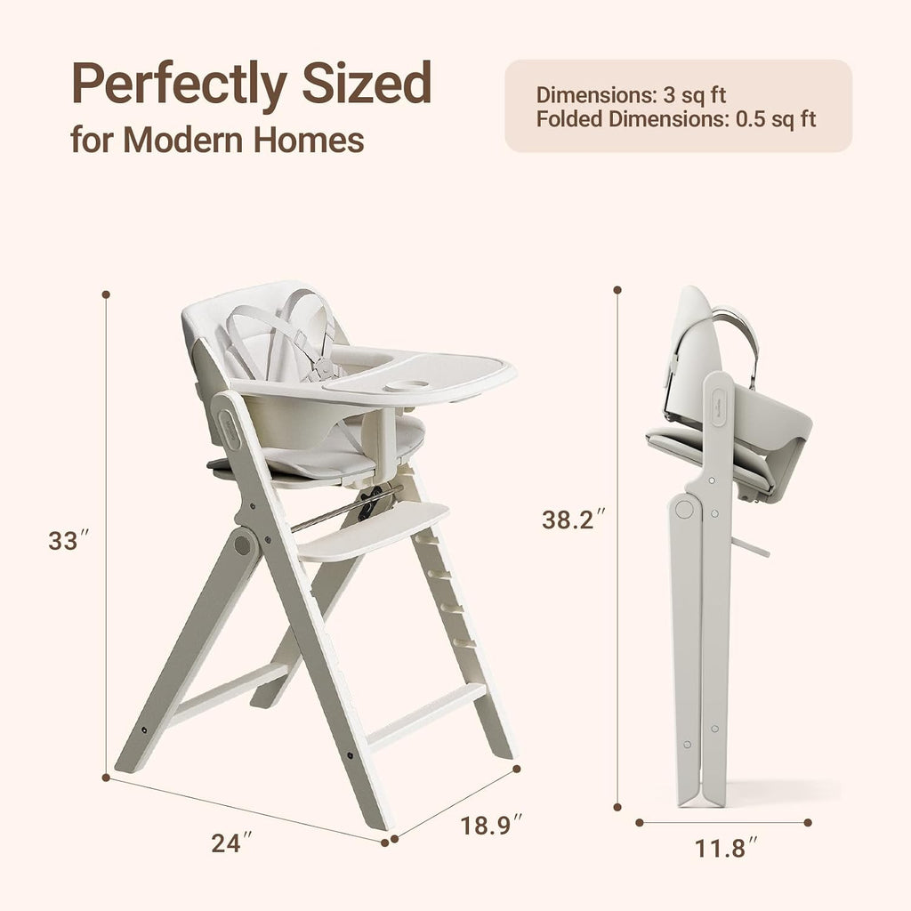 Mamazing GrowPod Pro Wooden Baby High Chair for 6 Months to 300lbs, Easy to Clean with Tray, Compact Foldable Highchair for Kitchen & Dining Room, with 5-Point Safety Harnesses and Guard Bar