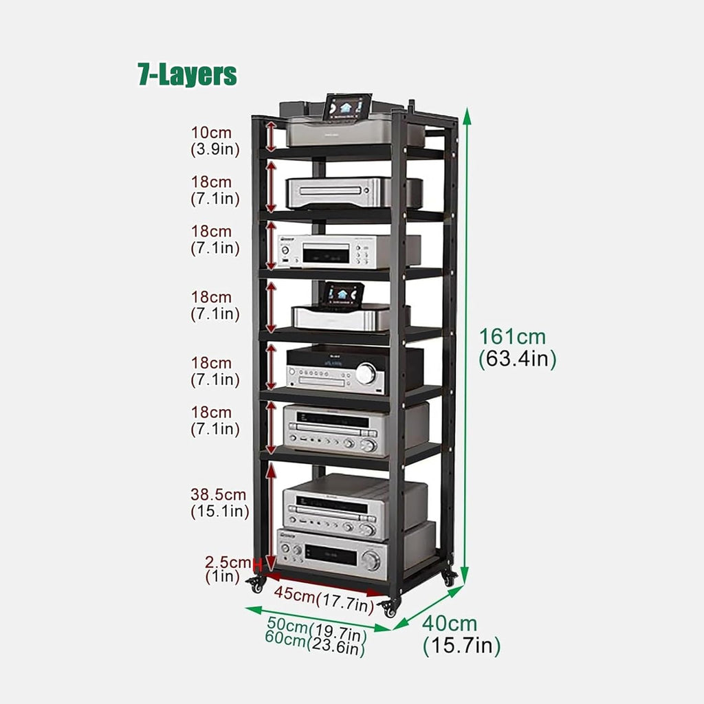 Audio Equipment Rolling Cart 5 6 7 8 Tier Media Storage Shelf for Radio - Stereo - TV Box - Cable Box - WiFi Router - Stereo Cabinet Wood, Multi-Function Open Storage Rack,Black(7 tier- 60X40X161CM)