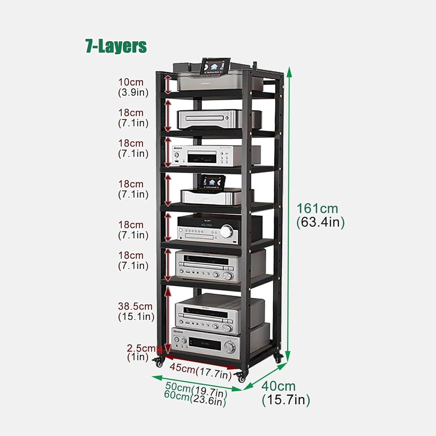 Audio Equipment Rolling Cart 5 6 7 8 Tier Media Storage Shelf for Radio - Stereo - TV Box - Cable Box - WiFi Router - Stereo Cabinet Wood, Multi-Function Open Storage Rack,Black(7 tier- 60X40X161CM)