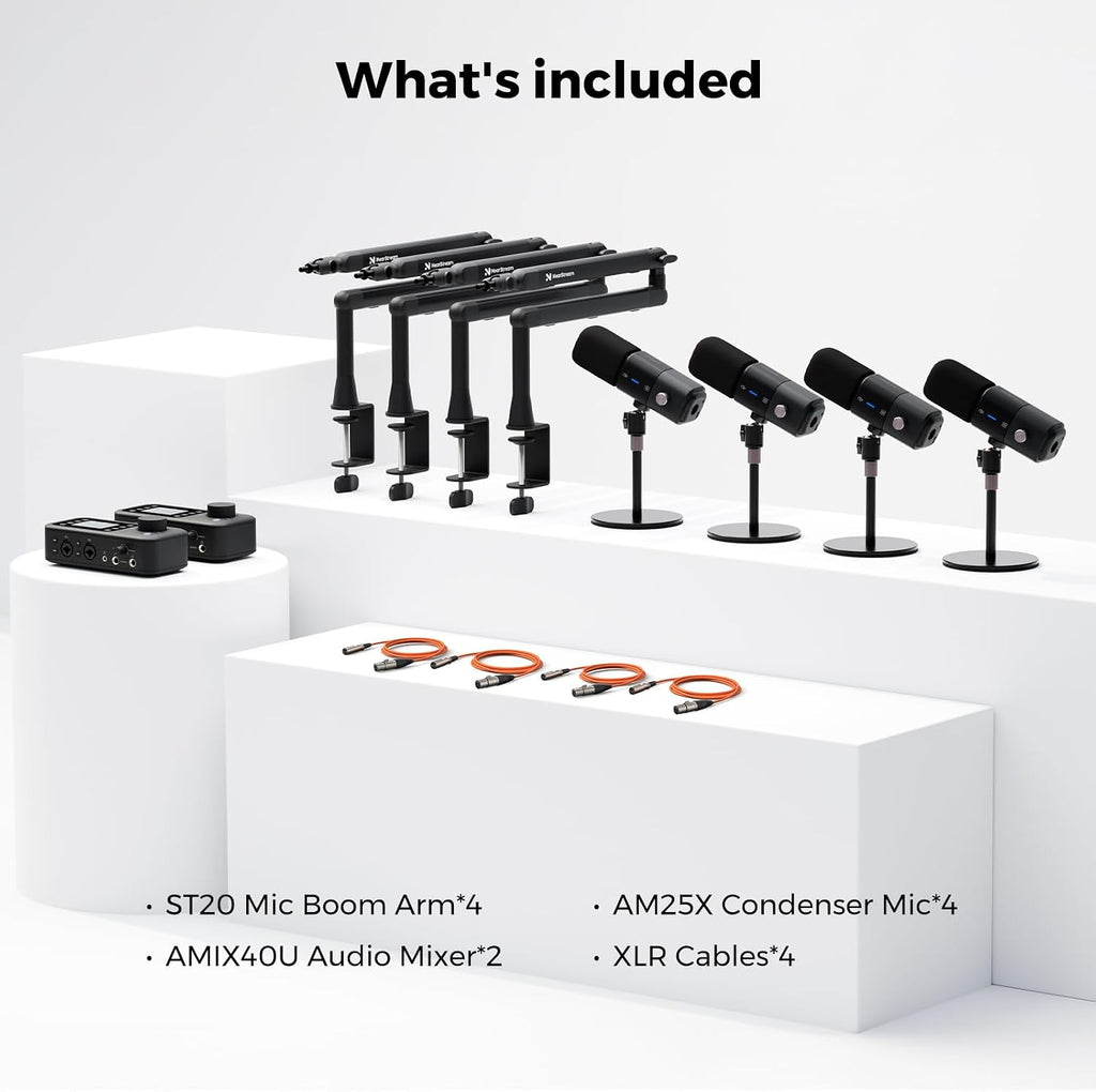 NearStream PodPro Quad Podcast Equipment Bundle for Group Podcast/Sound Creation/Livestream, Audio Setup with 4 Podcast Microphone, 2 Audio Interface, 4 Mic Boom Arm, 4 XLR Microphone Cable