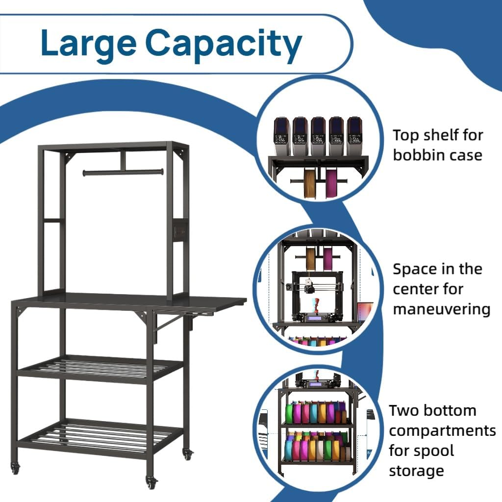 3D Printer Stand Heavy Duty 3D Printer Table with Workbench Filament Storage Rack T-Shaped Spools Holder Rack Wheels for Office Home