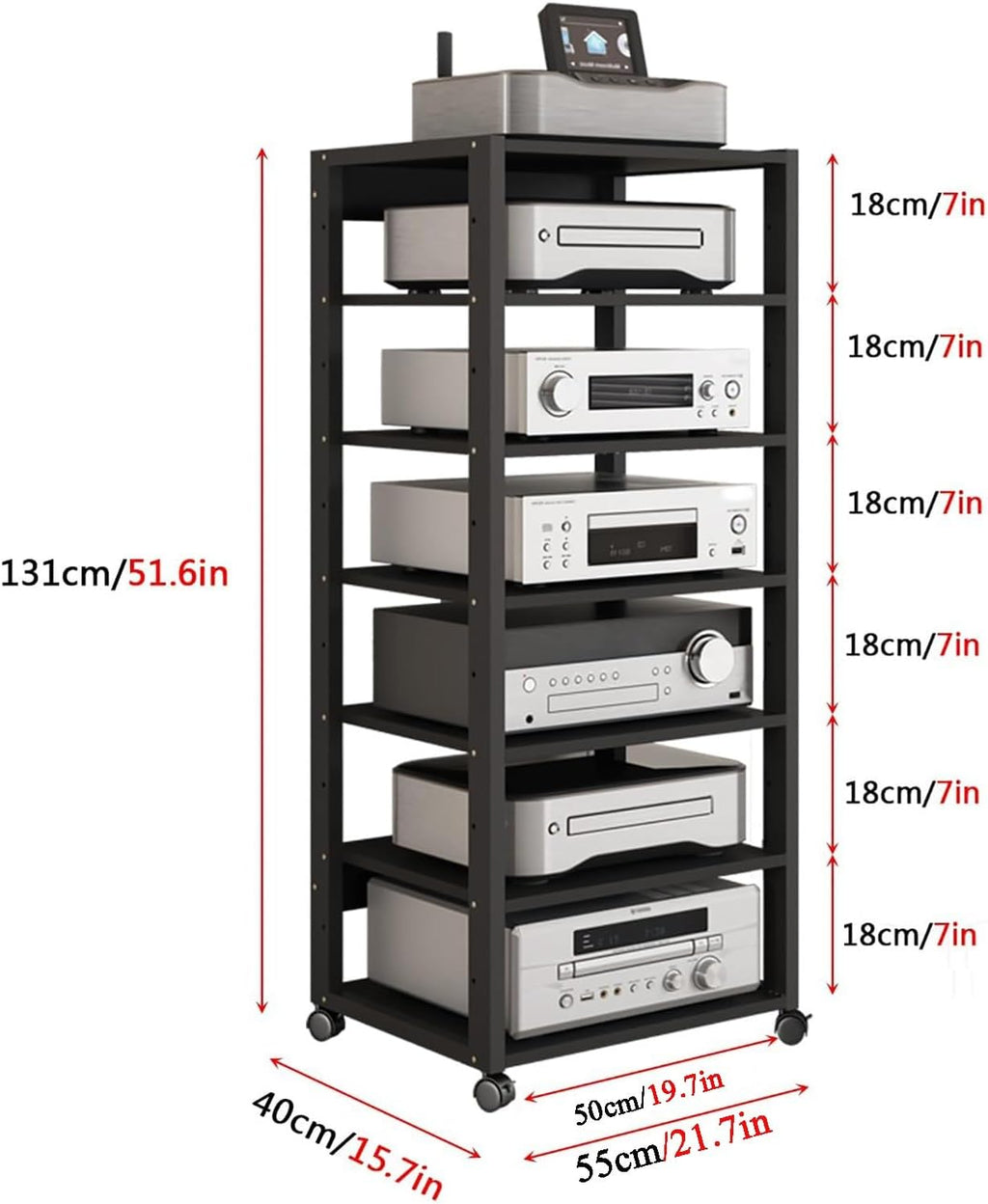7-Tier HiFi Stand, Movable AV Media Cabinet, Modern Teak Audio Equipment Organizer for Home & Office Storage, Sturdy Component Shelf 55x40x131cm