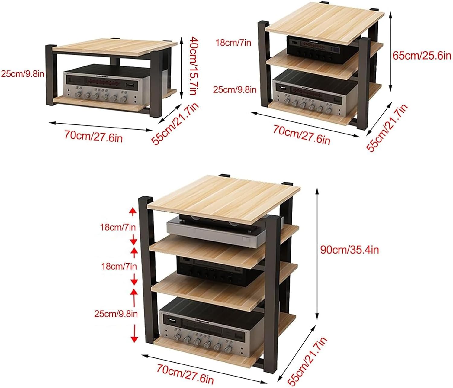 3-Tier Black Audio Rack - AV Media Stand for Entertainment Center, Stereo Racks & Component Cabinet - Suitable for Audio/Video Equipment Display